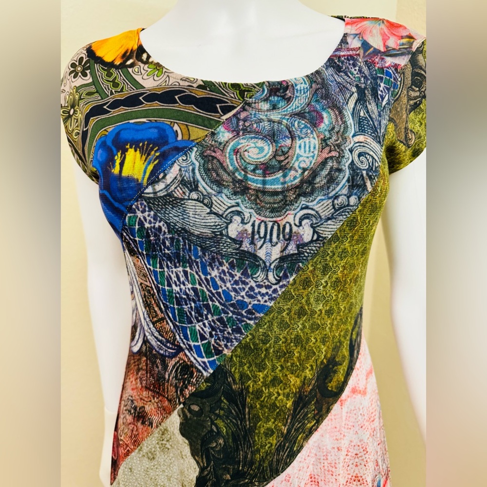 Desigual Asymmetrical Dress with Blue, Pink, and Green Patterns